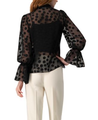 Women's Polka Dot See Though Blouse with Tie Neck