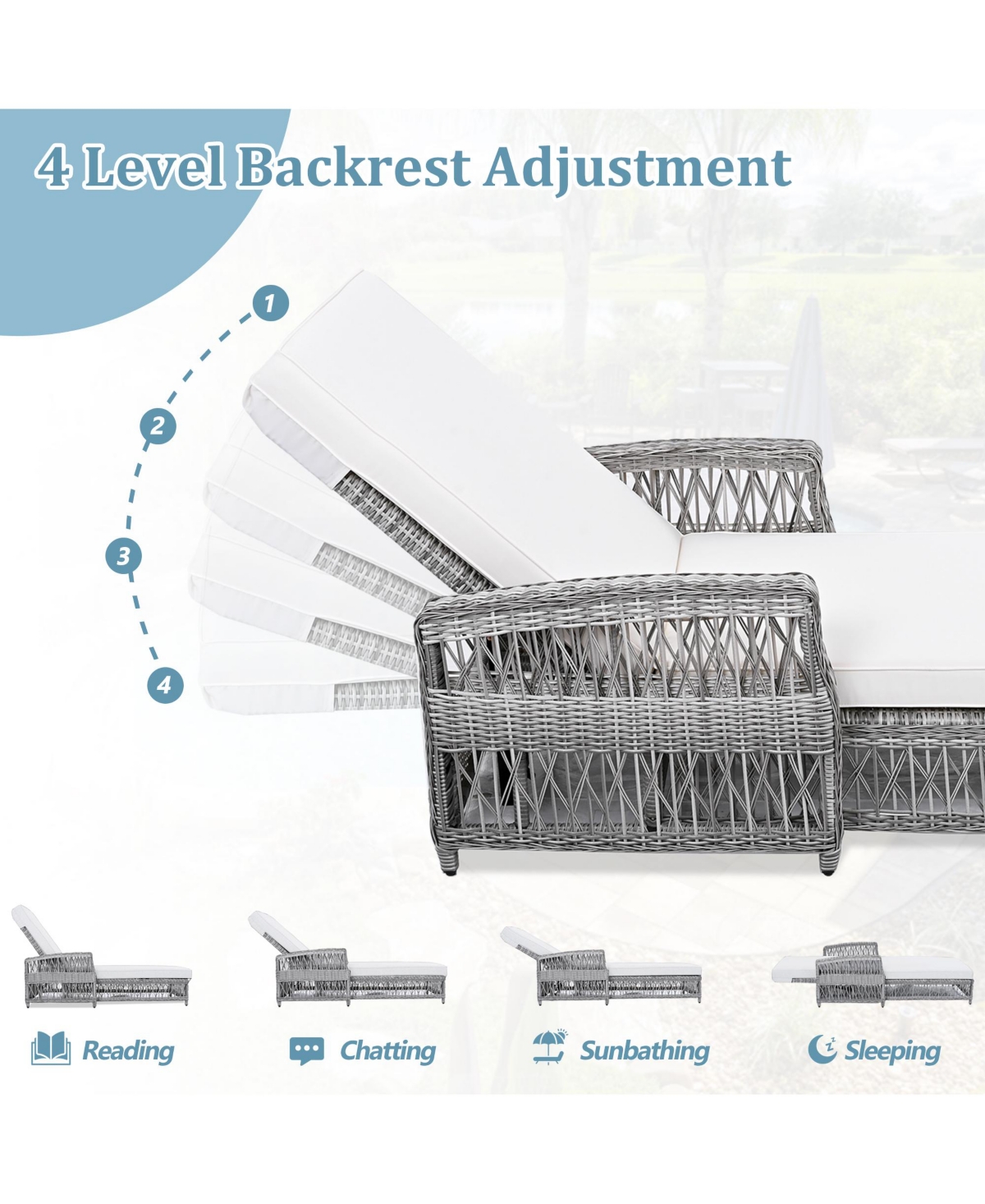 Mondawe 2 Pieces Outdoor Wicker Lounge with 4-Level Backrest,Armrests and Removable Cushions