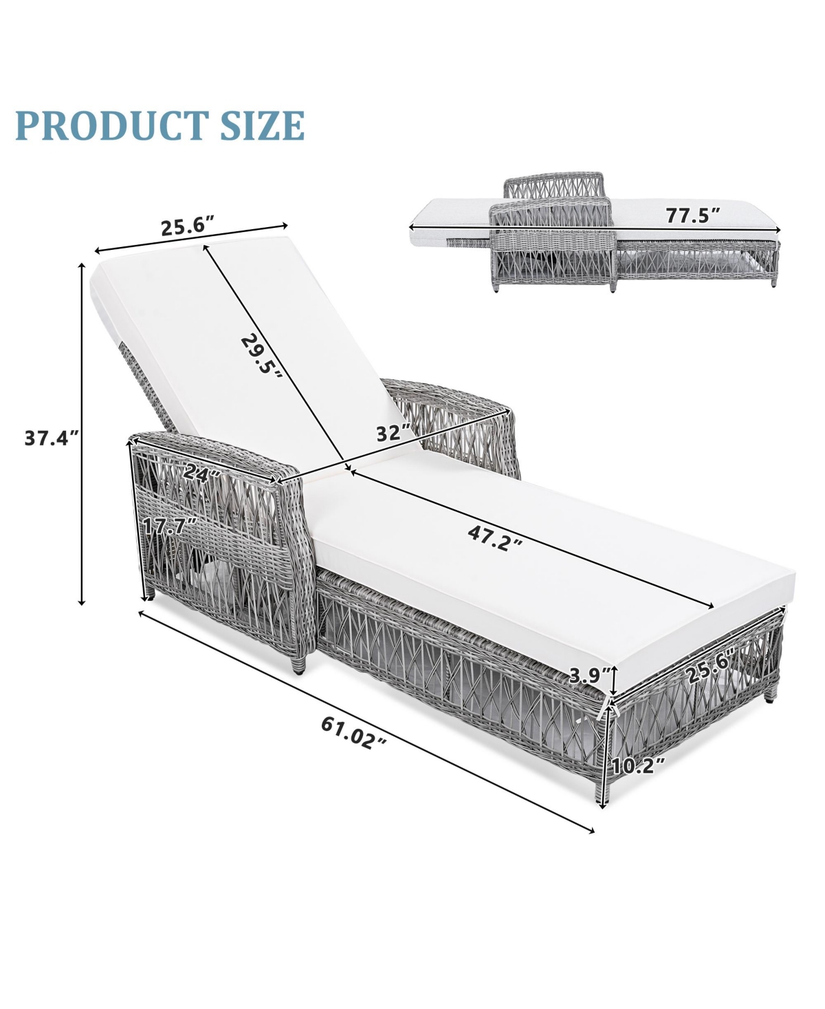 Mondawe Outdoor Wicker Lounge with Armrests, Patio Adjustable Recliner Soft Removable Cushions