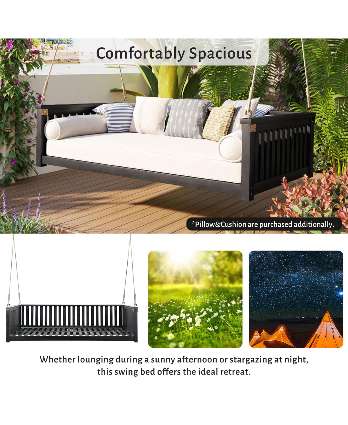 Mondawe Patio Minimalist Twin Garden Swing Bed,Wood Porch with Ropes