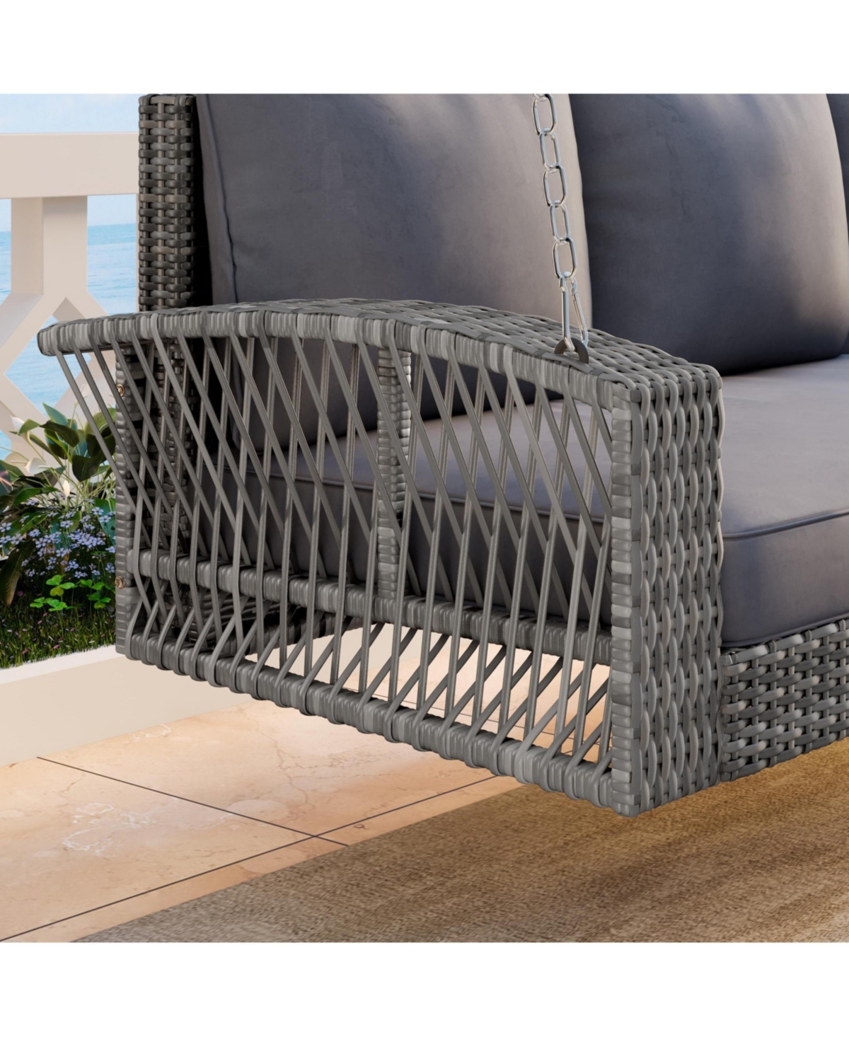 69" Pe Wicker 3-Person Porch Swing with Cushions