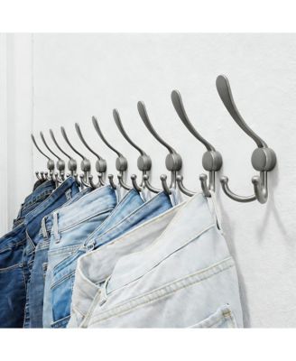 Stainless Steel 5-Tri Hook Wall Rack for Coats, Hats, Towels Grey, Pack of 2