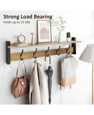 5-Hook Wall Rack with Shelf, Vintage Brown, Space-Saving, Easy DIY