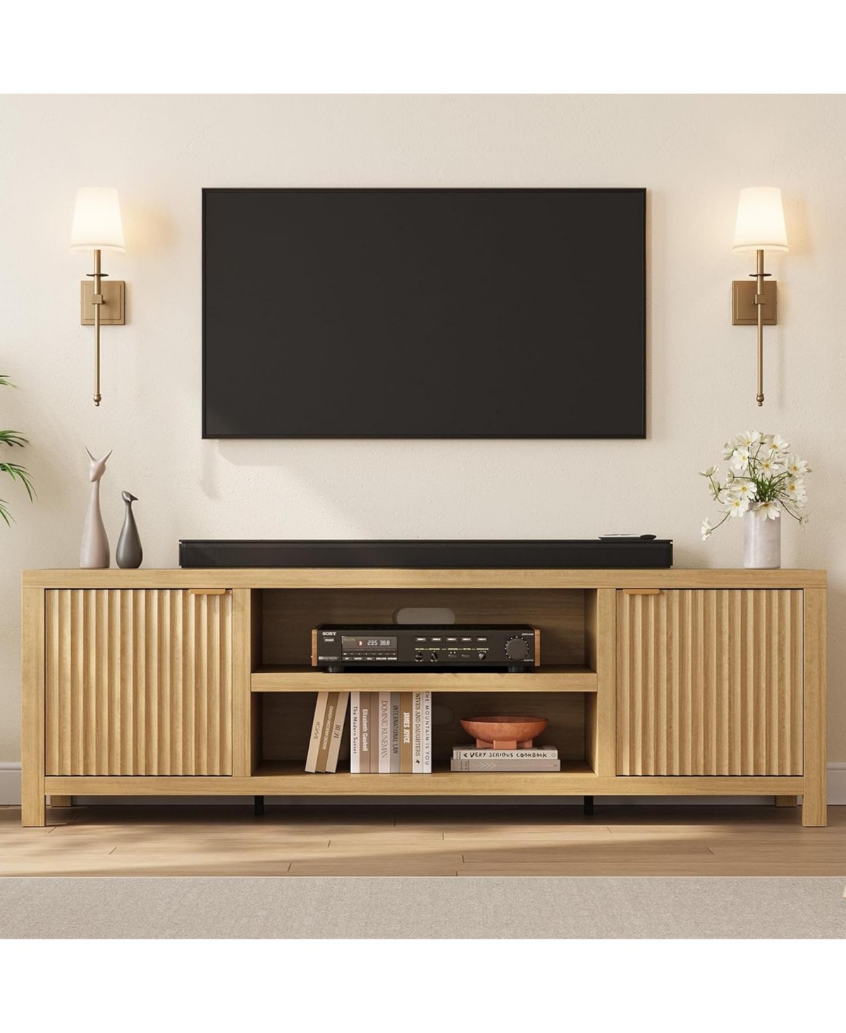 gaomon Fluted Tv Stand for 80 in, Modern Entertainment Center with Storage, Wooden Media Console Cabinet