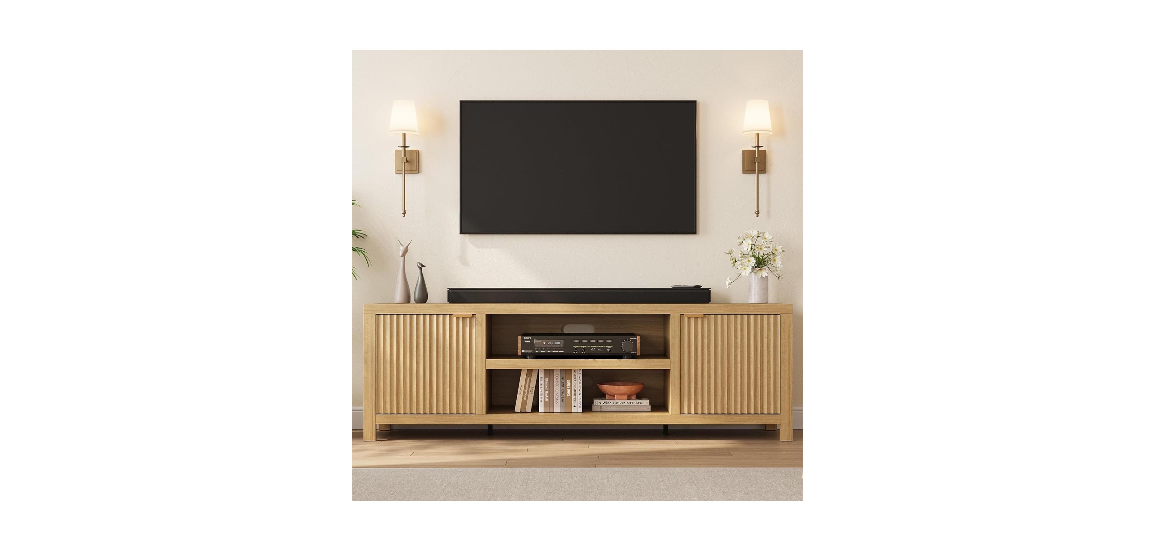gaomon Fluted Tv Stand for 80 in, Modern Entertainment Center with Storage, Wooden Media Console Cabinet