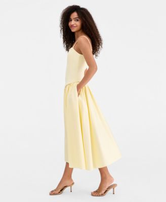 Women's Mixed-Media Dropped-Waist Midi Dress