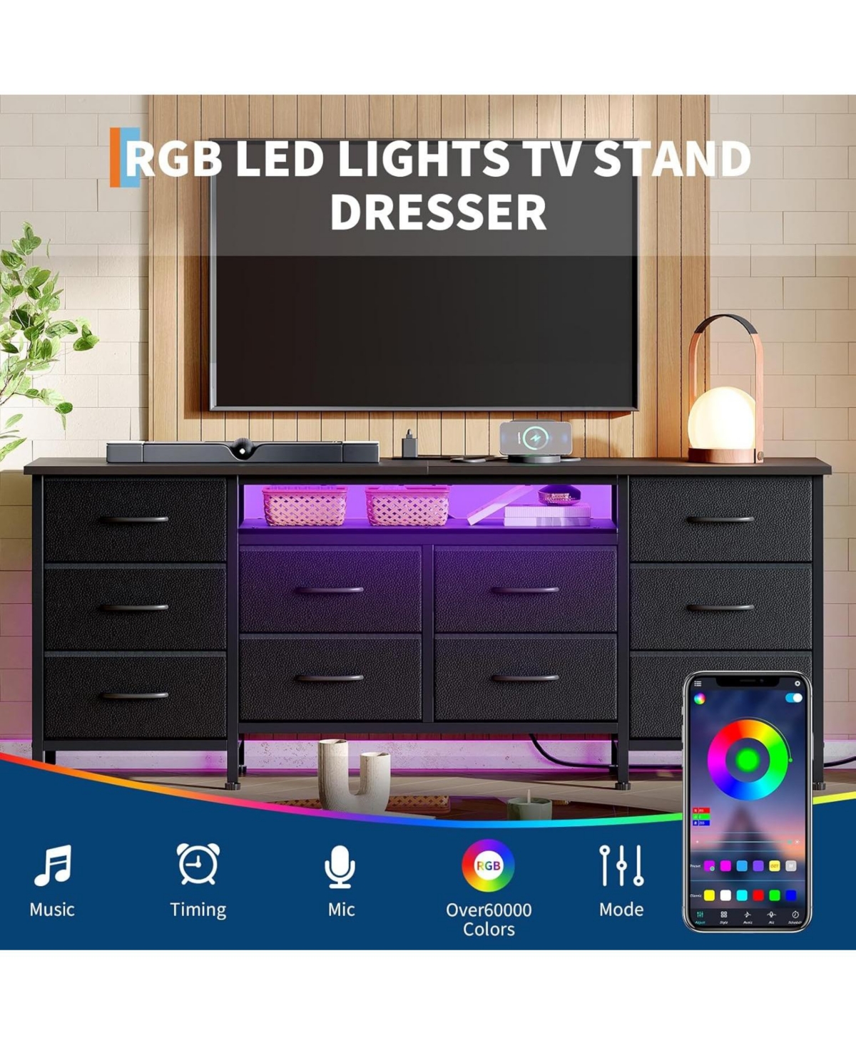 gaomon 63'' Long Dresser for Bedroom with 10 Fabric Drawers, Entertainment Center Tv Stand 65''-75'' Tv, White Power Outlet