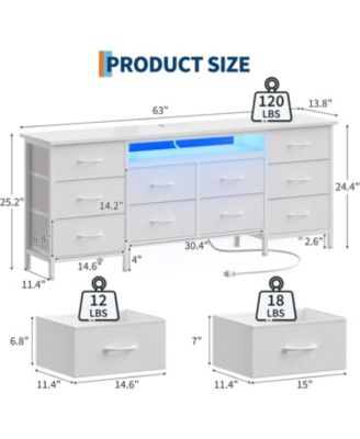 63'' Long Dresser for Bedroom with 10 Fabric Drawers, Entertainment Center TV Stand 65''-75'' TV, White Dresser with Power Outlet