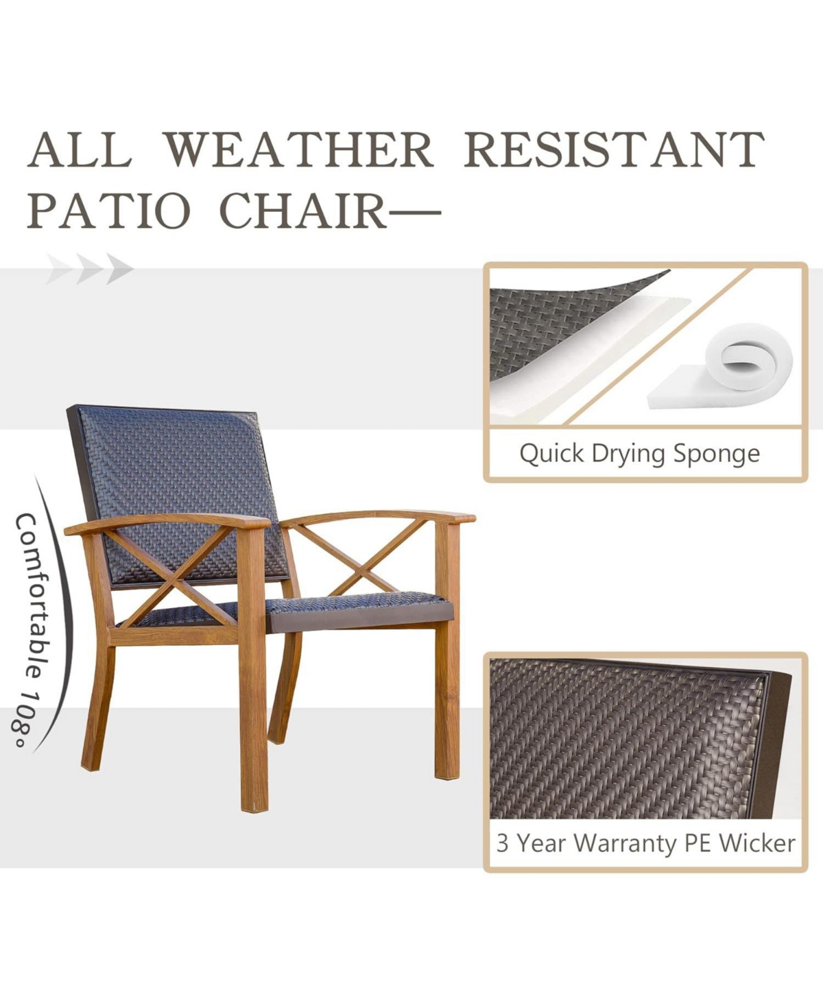 Flynama 3 Piece Patio Bistro Set Wood Grain Aluminum Wicker Porch Chairs with Coffee Table Beige Waterproof Pillows Outdoor Conversation Set