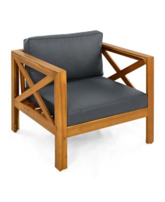 2 Piece Outdoor Acacia Wood Club Armchair Set Teak Finish with Dark Grey Cushions Conversation Set