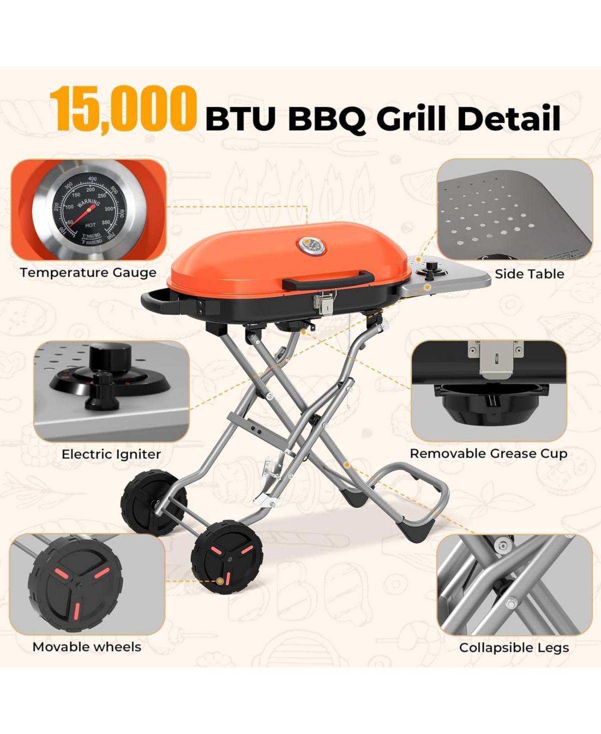 Cowsar Portable Propane Gas Grill, 15,000 Btu Foldable Outdoor Grill with 348 Sq. In. Grilling Area for Camping, Bbq, Parties, Backyard, Beach Outings