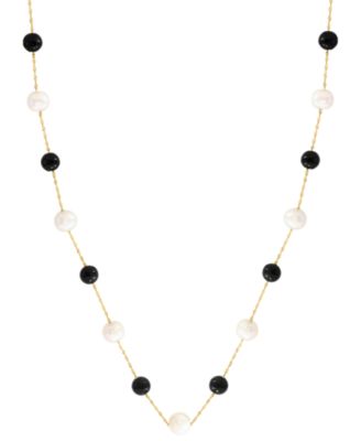Freshwater Pearl & Onyx Necklace in 14k Yellow Gold