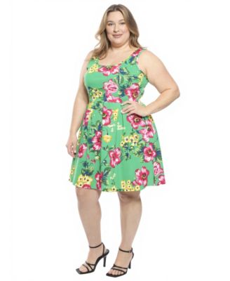 Plus Size Floral Pleated Pocket Skater Dress