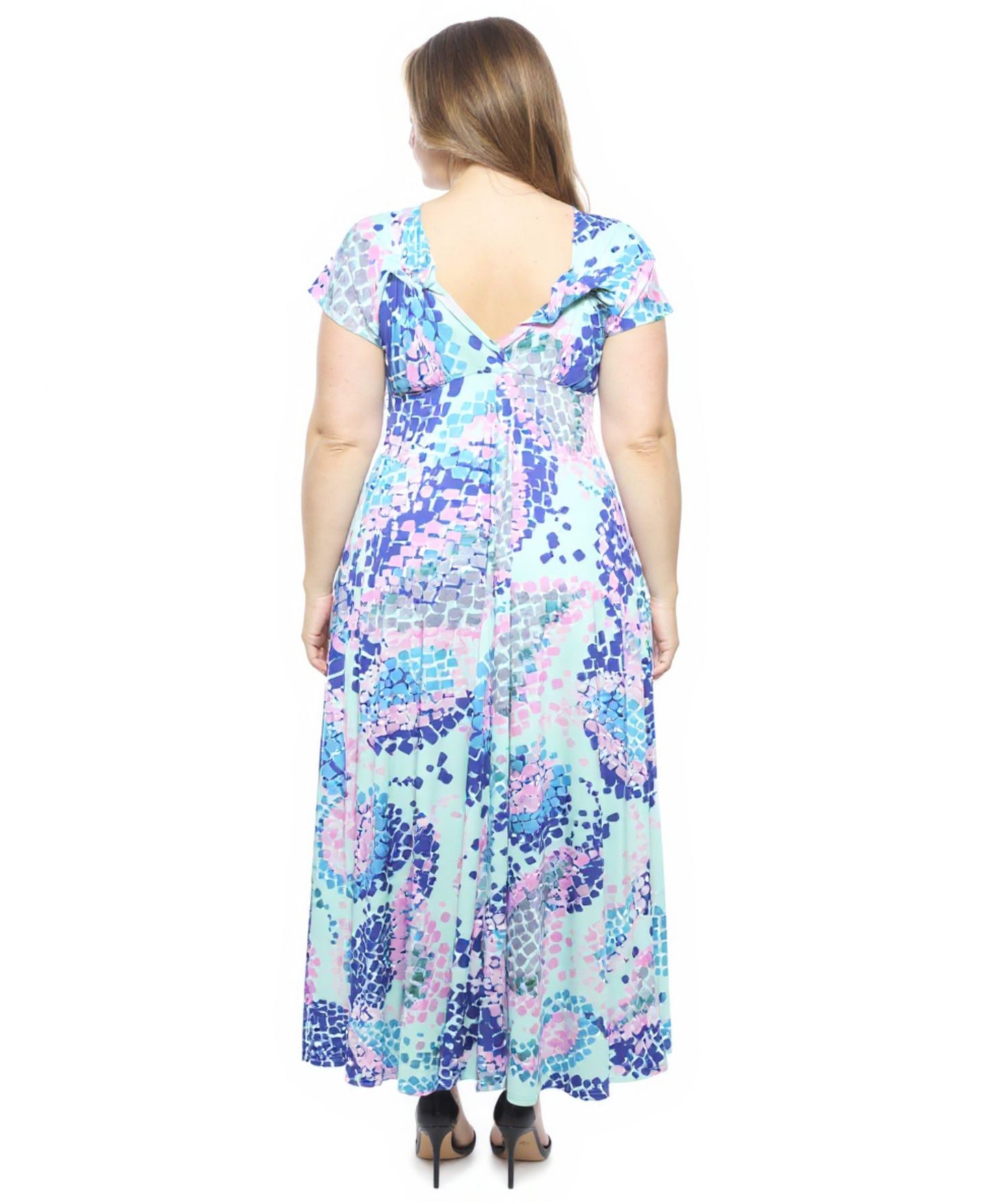 Женское платье 24seven Comfort Apparel Plus Size Abstract Empire Waist Cap-Sleeve Maxi, цвет: Синий разноцветный — фото 2