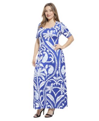 Plus Size Paisley Elbow Sleeve A-Line Maxi Dress
