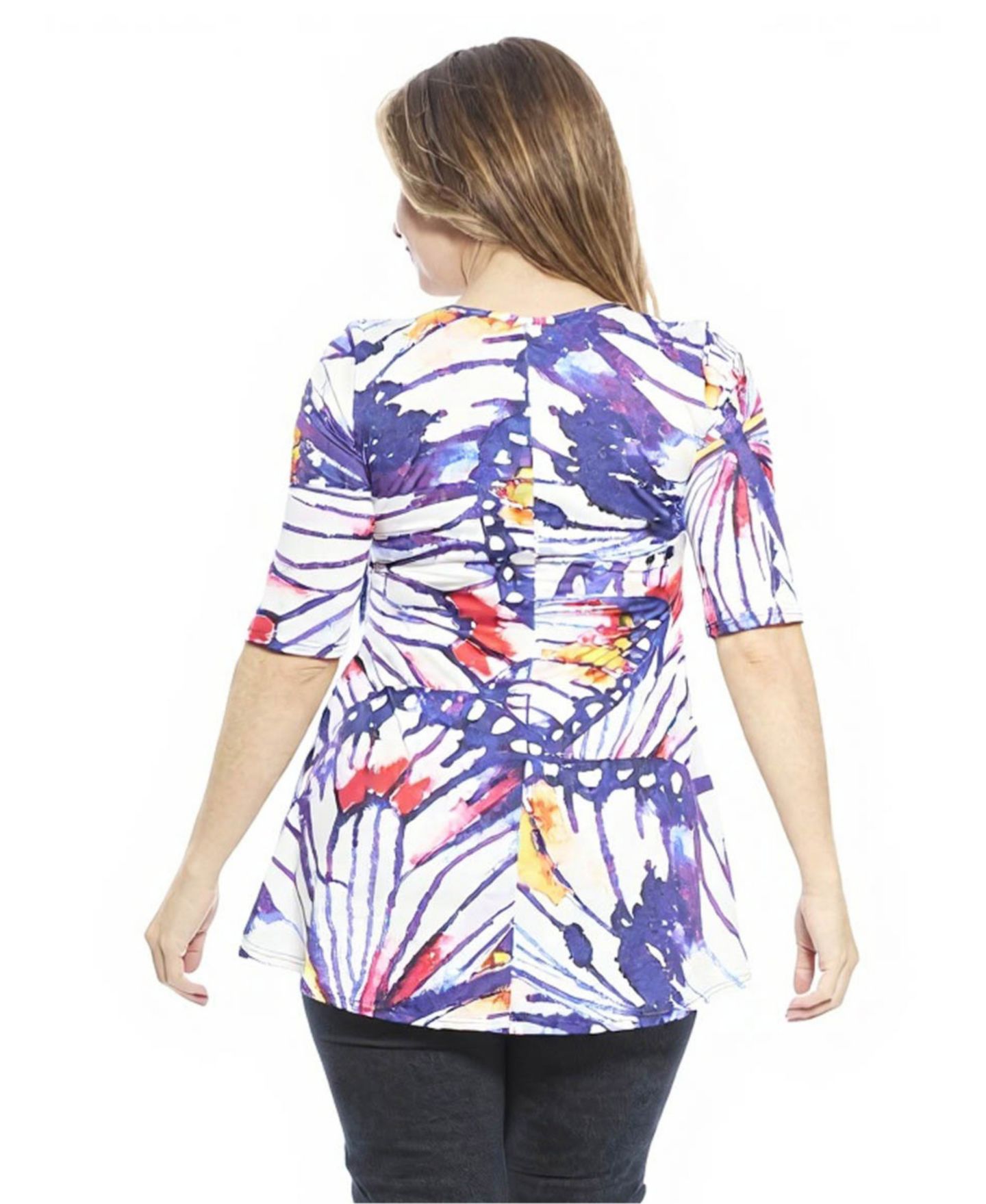 Женский топ 24seven Comfort Apparel Plus Size Butterfly Scoop Neck Elbow Sleeve Tunic Top, цвет: Синий разноцветный — фото 3