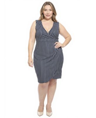 Plus Size Striped V-Neck Faux Wrap Dress