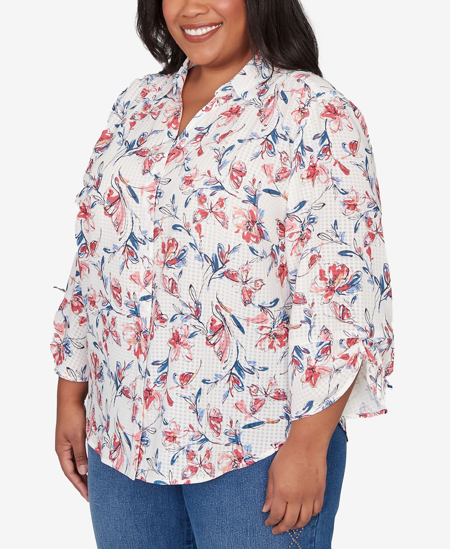 Plus Size Austin Etched Floral Butterfly Button-Down Top