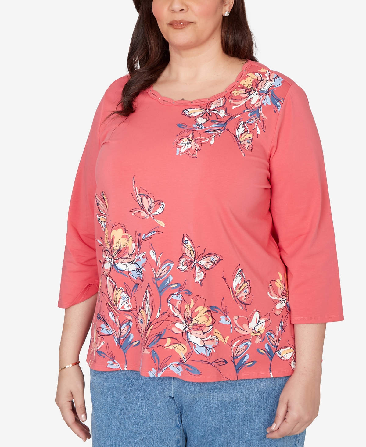 Alfred Dunner Plus Austin Asymmetric Etched Floral Knit Top