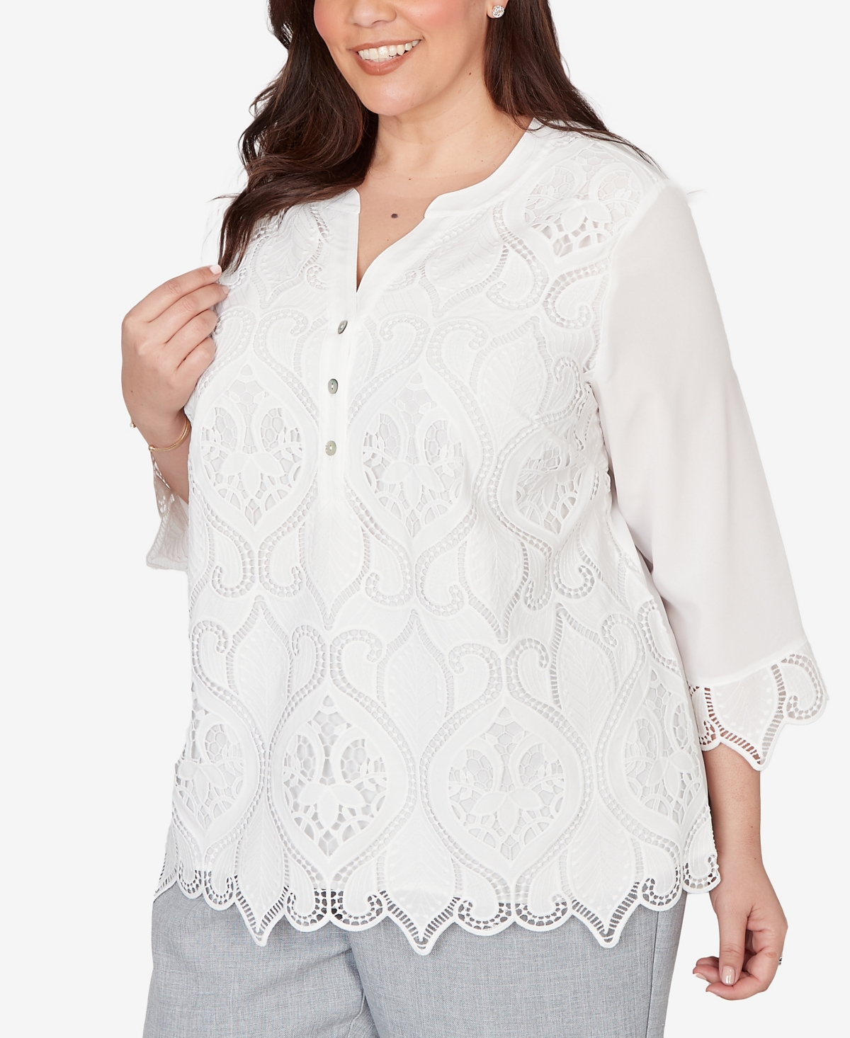 Alfred Dunner Plus Al Fresco Lace Cut Out Front Henley Top