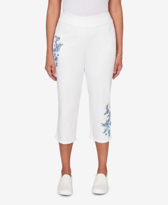 Plus Size Mykonos Floral Embroidered Fringe Super Stretch Denim Capri Pants