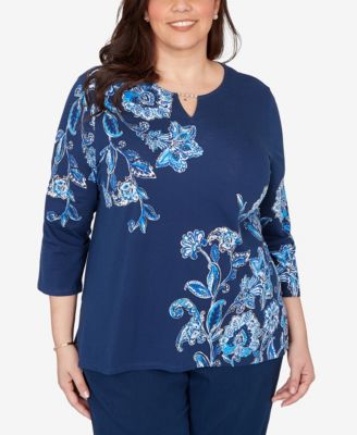 Plus Size Mykonos Asymmetrical Floral Split Beaded Neck Top
