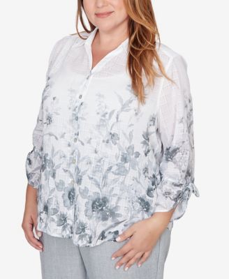 Plus Size Al Fresco Collared Watercolor Print Button front closure Top