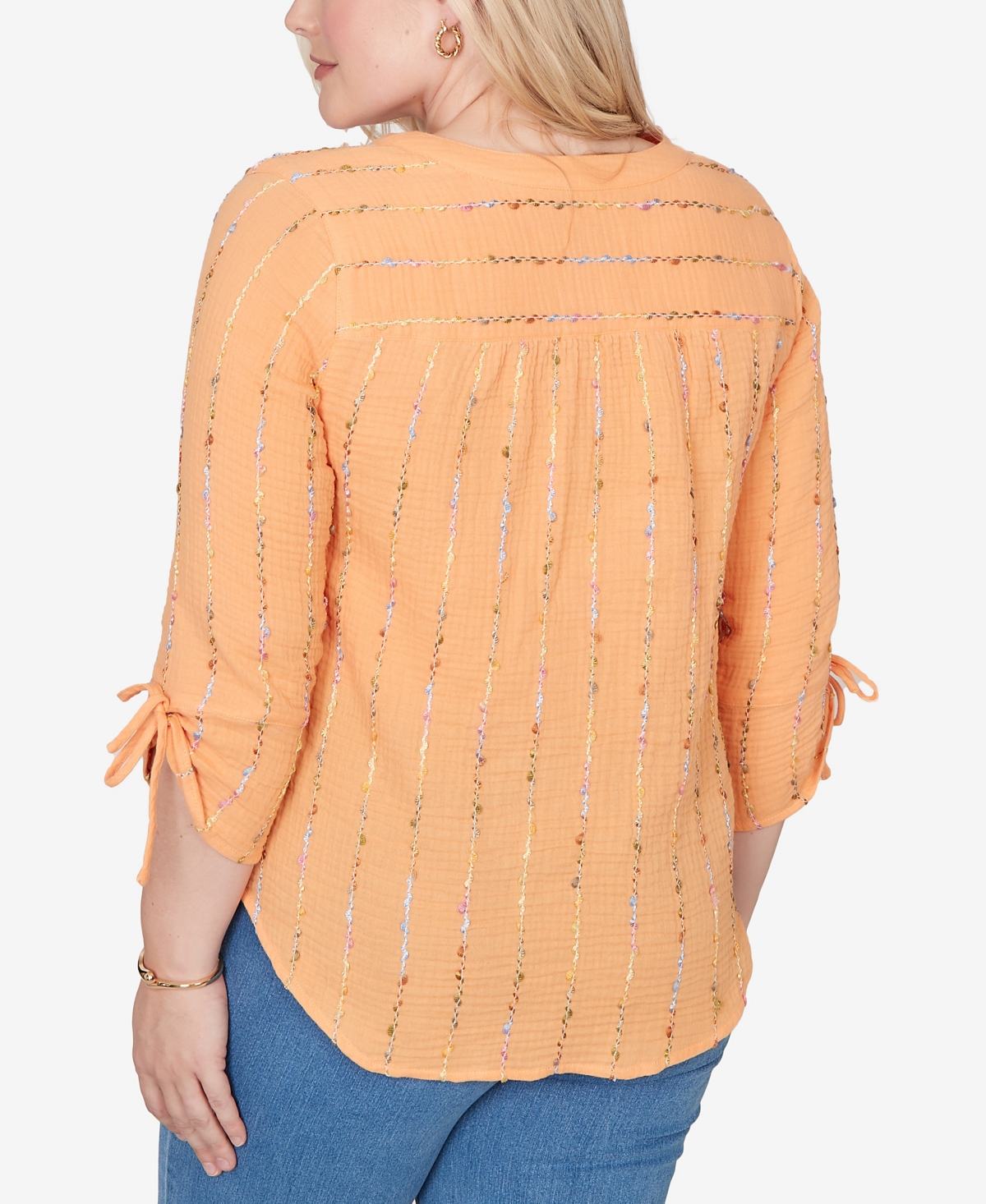 Alfred Dunner Plus Beachcomber Eyelash Gauze Textured Tie Sleeve Henley Top