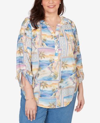 Plus Size Beachcomber Postcard Print Tie Sleeve Henley Top