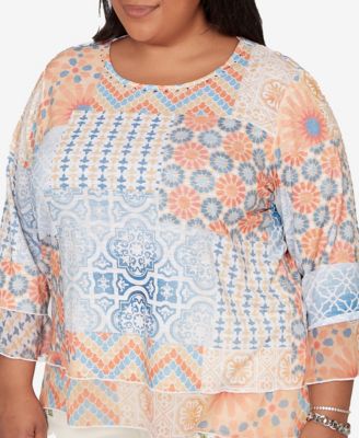 Plus Size Beachcomber Patchwork Medallion Ruffle Sleeve Top