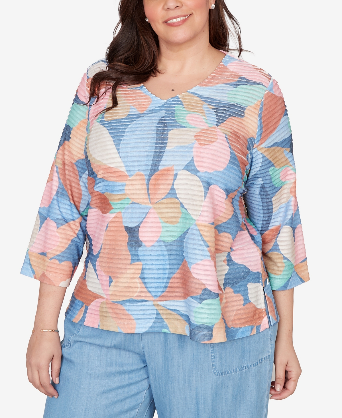Alfred Dunner Plus Beachcomber Abstract Floral V Neck Top