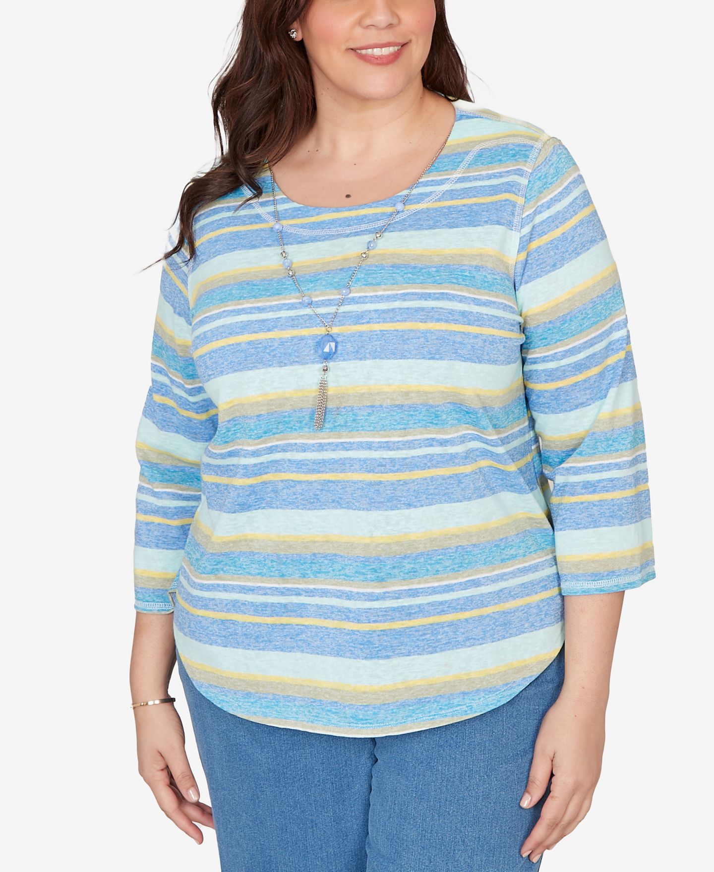 Женский топ Alfred Dunner Plus Size Beachcomber Coastal Striped with Necklace, цвет: Синий — фото 1