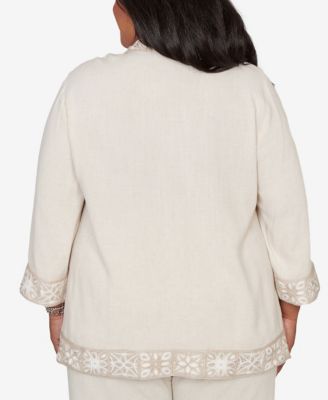 Plus Size Natural Wonder Embellished Crochet Trim Linen Jacket