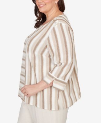 Plus Size Natural Wonder Spliced Stripe Three Quarter Sleeve Top