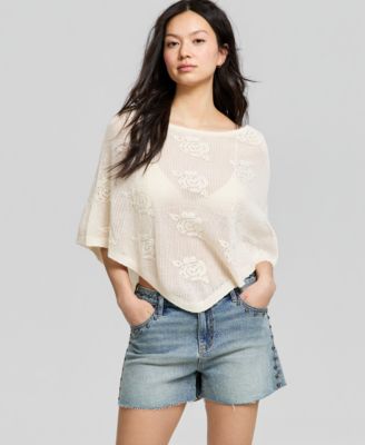 Women's Pointelle Cropped Sweater Poncho