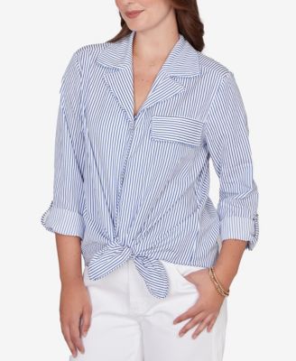 Petite Snap Front Tie Hem Pucker Stripe Top