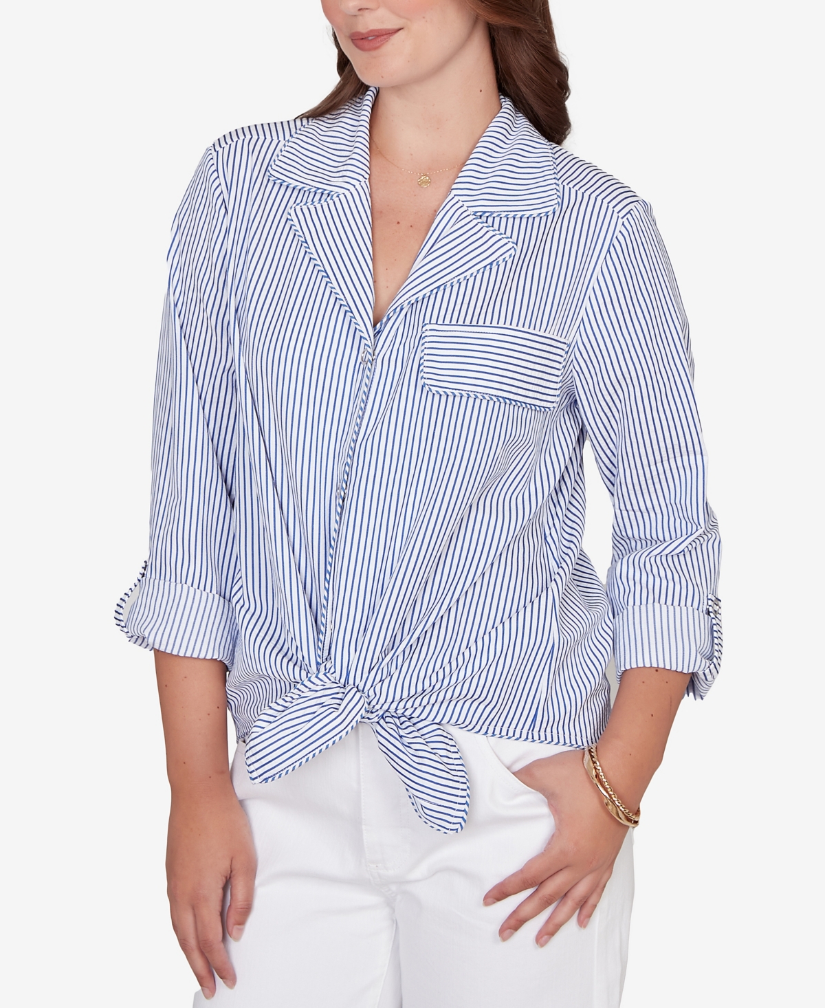 Ruby Rd. Petite Snap Front Tie Hem Pucker Stripe Top