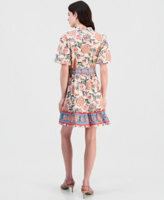 Women's Poplin Short-Sleeve Belted Border-Print Mini Dress