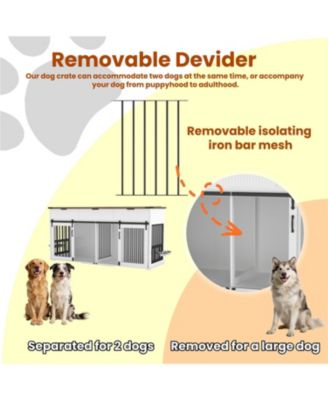 71" Double Dog Crate Furniture with Walnut Top, 3 Drawers, Outlet & Feeders