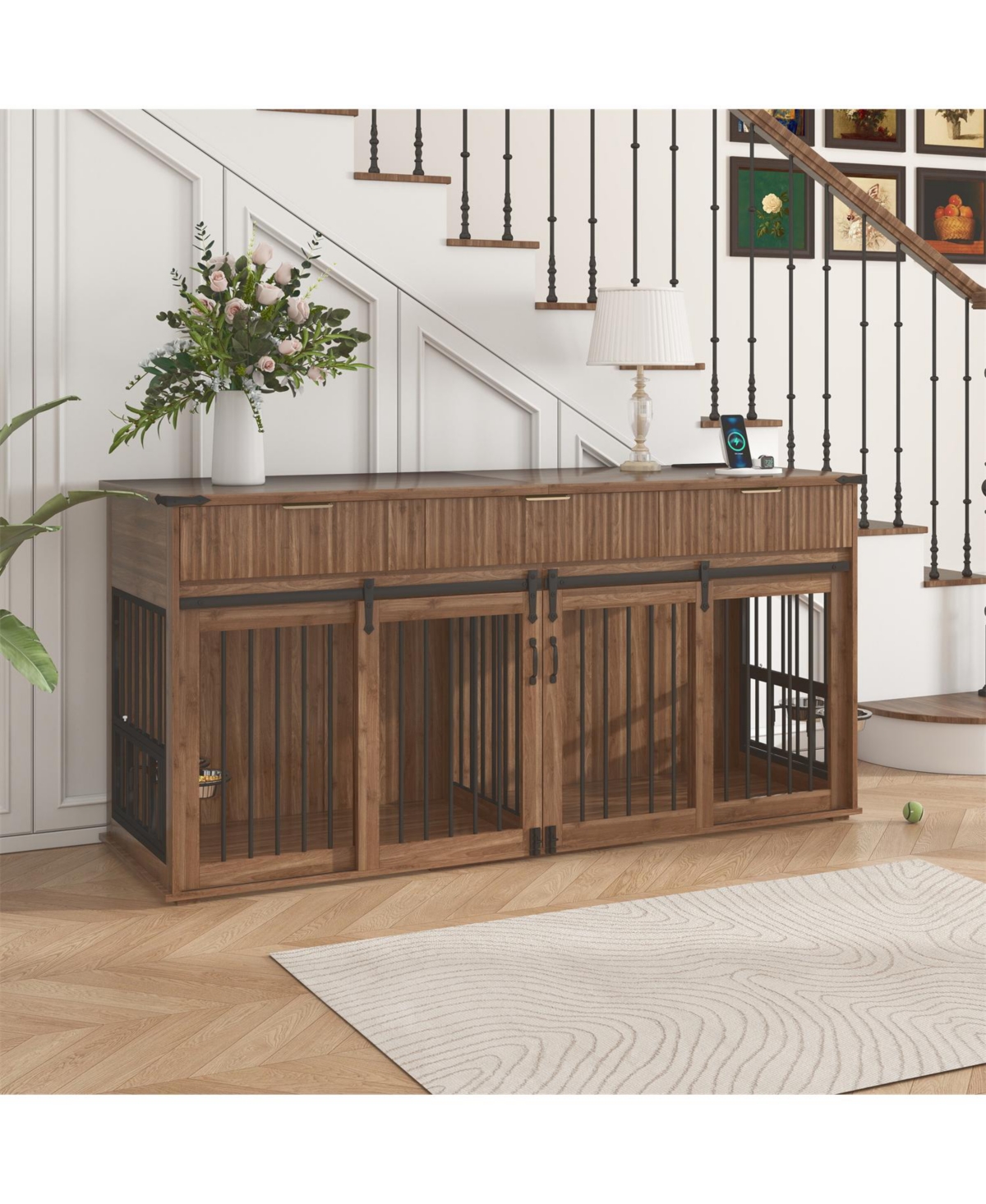 Aostirmotor 71" Double Dog Crate Furniture with Walnut Top, 3 Drawers, Outlet & Feeders