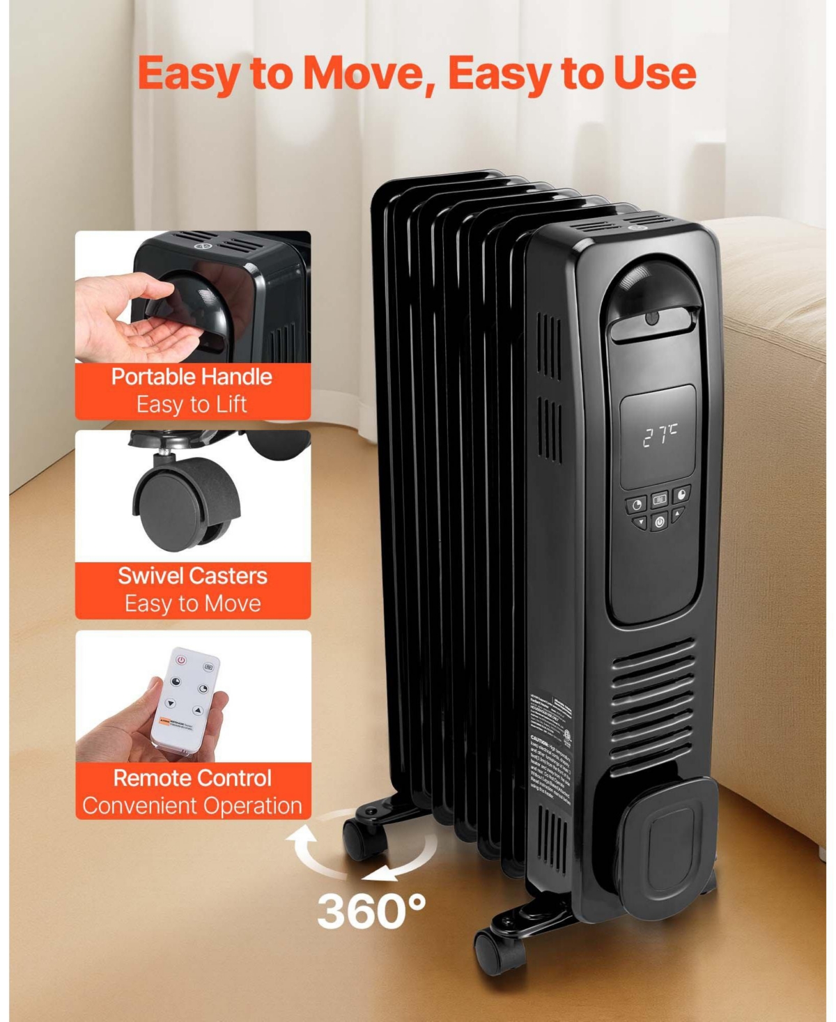 Sugift 1500W Oil Filled Radiator with Digital Controls & 24-Hour Timer
