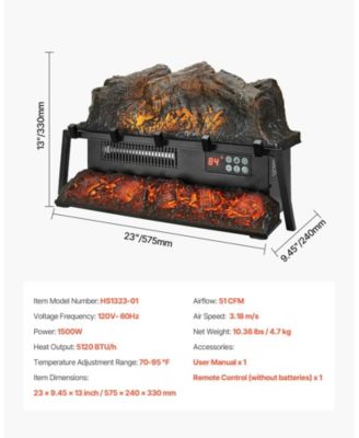 Electric Fireplace Log 23" Insert Heater with Remote Flames Timer