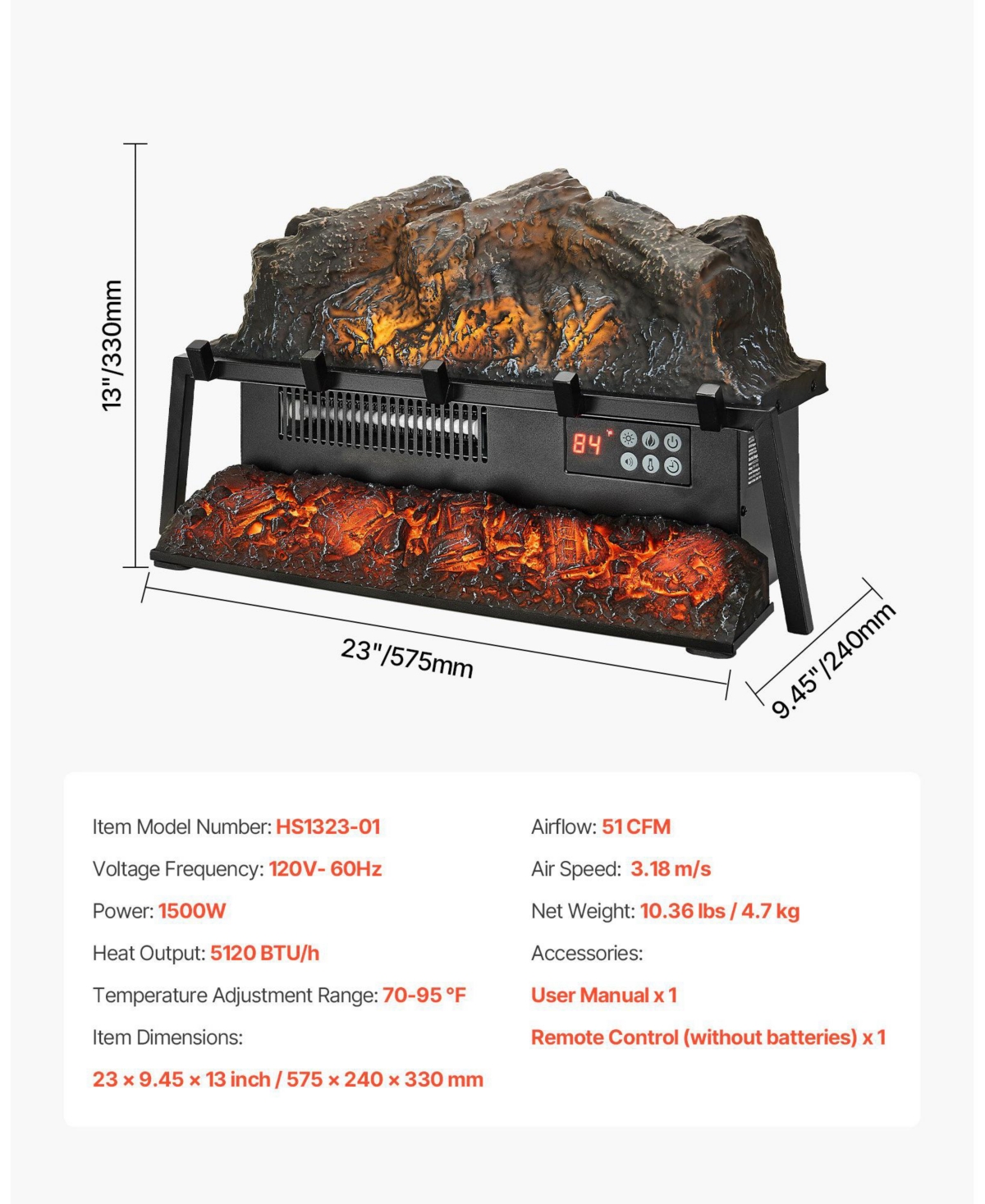 Sugift Electric Fireplace Log 23" Insert Heater with Remote Flames Timer