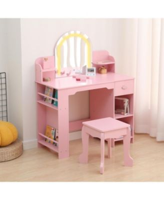 Kids Vanity Lighted Mirror - 2 in 1 Little Girls Vanity Table and Stool - Kids Makeup for Bedrooms, Apartments