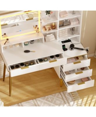 5 Drawer Makeup Vanity Desk Lights & Power Outlet, Modern Fluted Design for Bedrooms, Apartments, Easy to Assemble