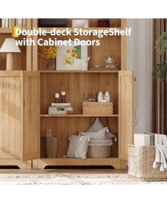 72" Modern Natural Arched Cabinet with Gold Handles – 5-Tier Wooden Pantry Cabinet with Double Doors & Adjustable Shelves
