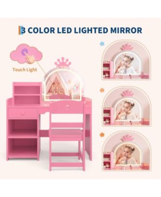 Kids Vanity Lighted Mirror - 2 in 1 Princess Vanity Set Toddler Vanity Table and Chair Set for Bedrooms, Apartments
