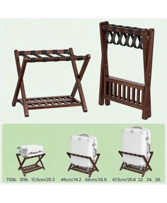 Bamboo Foldable Luggage Rack with Nylon Straps for Dual-Layer Storage