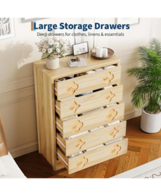 Fluted 5-Drawer Dresser for Bedroom, 42.9" Tall Wooden Chest with Large Storage & TV Stand Use, Beige