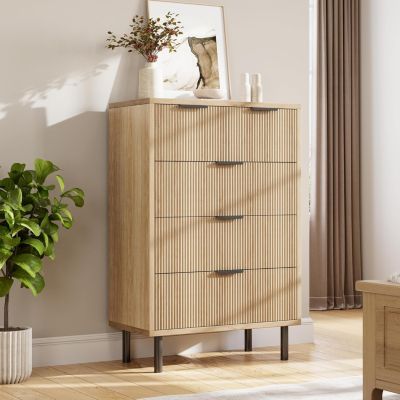 Wave Fluted 5 Drawer Tall Wood Dresser with Wide Storage, Deep Drawers & Organizer Design for Bedroom or Nursery